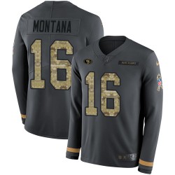 Limited Men's Joe Montana Black Jersey - #16 Football San Francisco 49ers Salute to Service Therma Long Sleeve