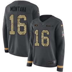 Limited Women's Joe Montana Black Jersey - #16 Football San Francisco 49ers Salute to Service Therma Long Sleeve