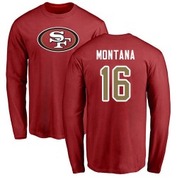 Joe Montana Red Name & Number Logo - #16 Football San Francisco 49ers Long Sleeve T-Shirt