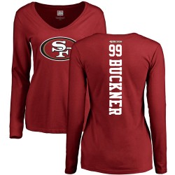 Women's DeForest Buckner Red Backer - #99 Football San Francisco 49ers Long Sleeve T-Shirt