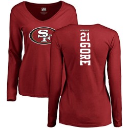 Women's Frank Gore Red Backer - #21 Football San Francisco 49ers Long Sleeve T-Shirt