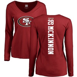 Women's Jerick McKinnon Red Backer - #28 Football San Francisco 49ers Long Sleeve T-Shirt