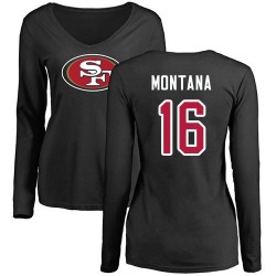 Women's Joe Montana Black Name & Number Logo - #16 Football San Francisco 49ers Long Sleeve T-Shirt