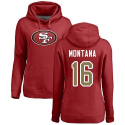 Women's Joe Montana Red Name & Number Logo - #16 Football San Francisco 49ers Pullover Hoodie