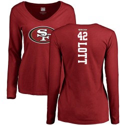 Women's Ronnie Lott Red Backer - #42 Football San Francisco 49ers Long Sleeve T-Shirt
